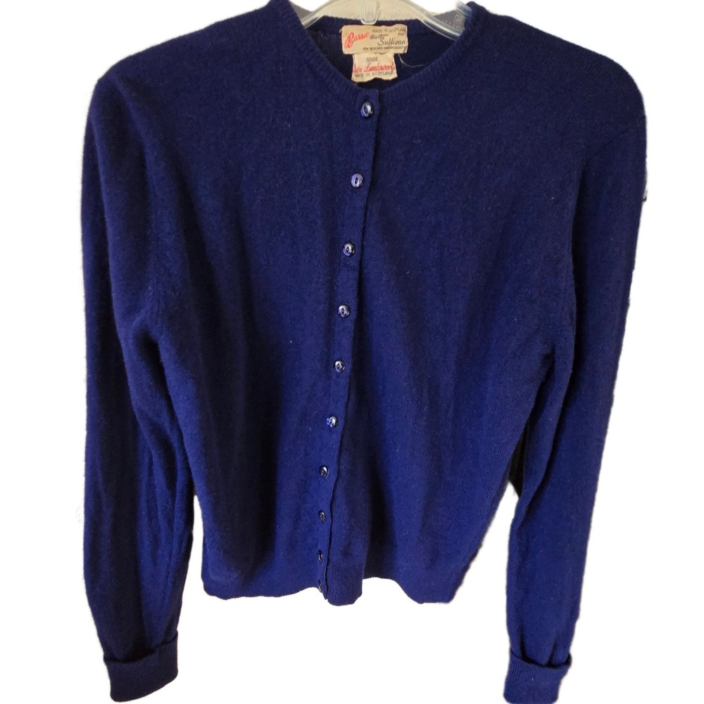 Vtg Barrie for Marty Sullivan Navy Blue 100% Lambswool Cardigan Made in Scotland